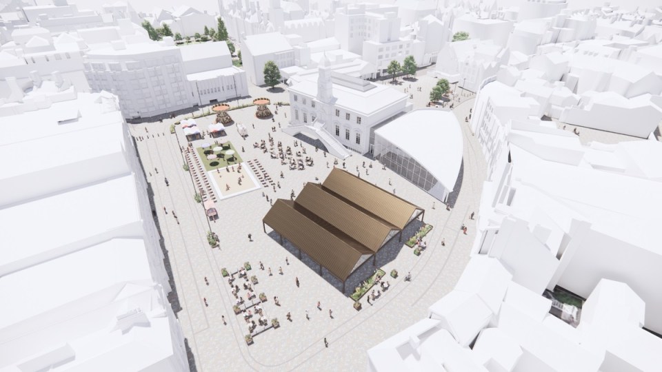 Illustration of a town square's proposed redesign.