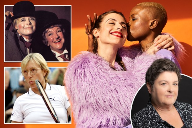 Collage of various women: two women in bowler hats, a tennis player, two women embracing, and a woman with short hair.