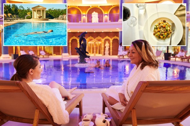 Collage of women relaxing at a spa, including a pool and a meal.