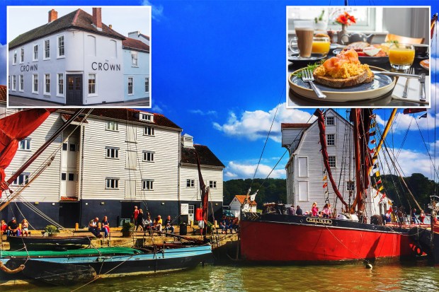 Collage of a pub, waterfront buildings, a boat, and breakfast.