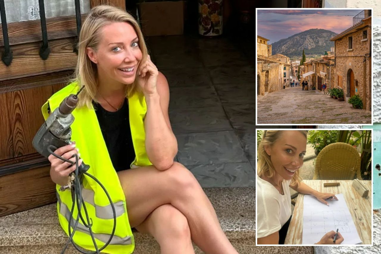An image collage containing 3 images, Image 1 shows Woman in safety vest holding a drill, Image 2 shows Stone stairway in Pollenca, Majorca, leading uphill towards a mountain, Image 3 shows Woman drawing house plans outdoors