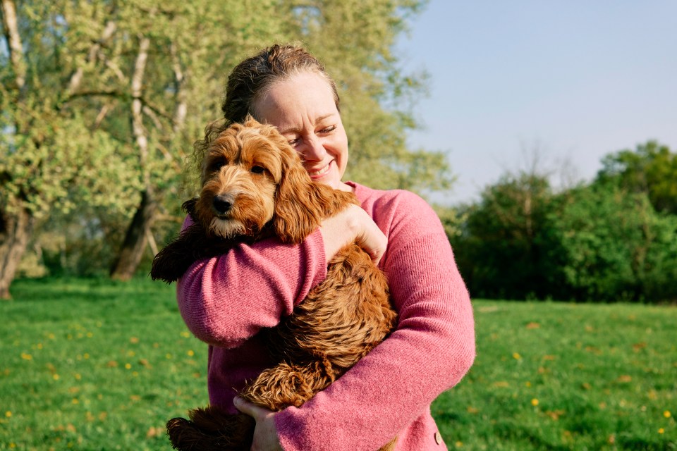 Woman hugging her Cockapoo dog in a field.
