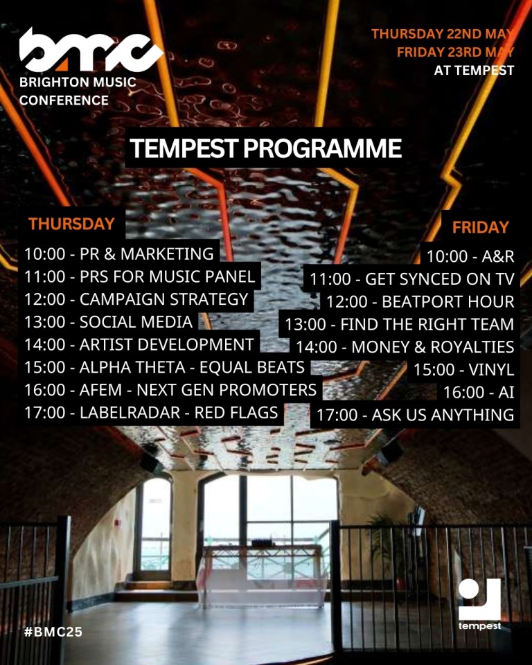 Brighton Music Conference Tempest Programme schedule.