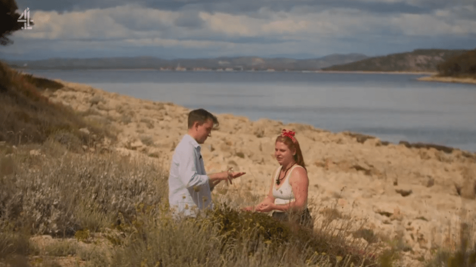 Charlotte and Jason having an awkward encounter on a beach in the Virgin Islands.
