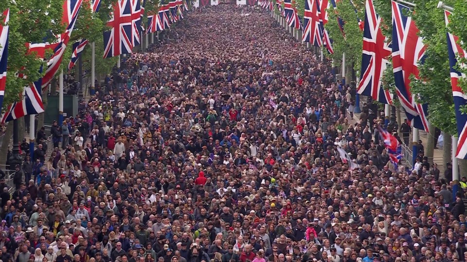 Large crowd of people lining a street with Union Jack flags.
