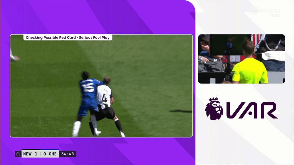 VAR review of a possible red card for a serious foul in a soccer game.
