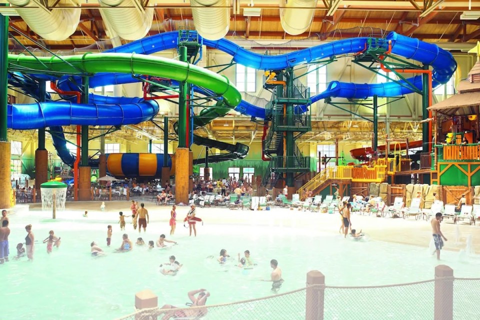 Illustration of a water park with slides and pools for all ages.
