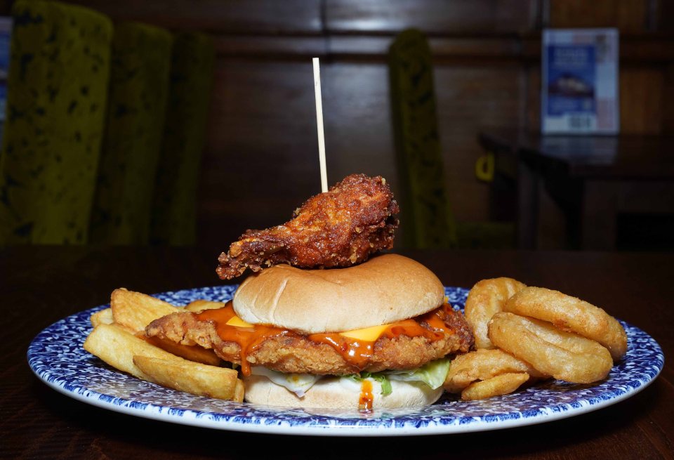 Buffalo chicken burger with fries and onion rings.