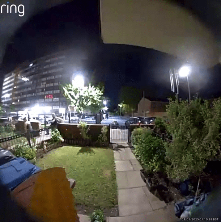 Nighttime security camera footage of a residential street.