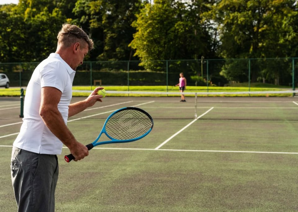Man holding tennis racket and ball on court.