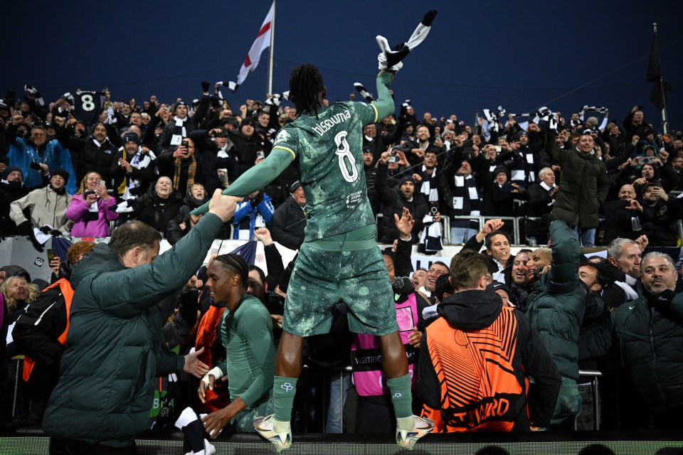 Yves Bissouma of Tottenham Hotspur celebrates with fans after a victory.