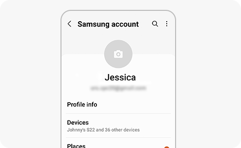 Screenshot of a Samsung account profile showing the user's name, profile picture, and linked devices.