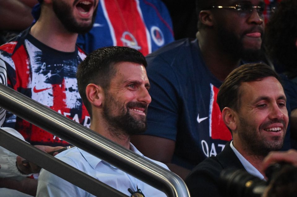 Novak Djokovic and others celebrating PSG's Champions League victory.