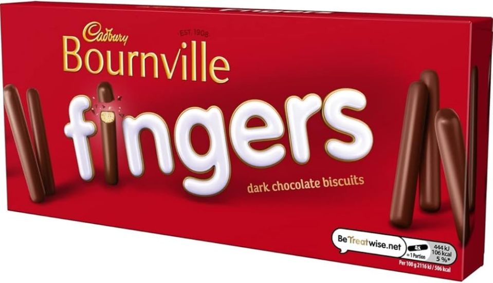 Box of Cadbury Bournville Fingers dark chocolate biscuits.
