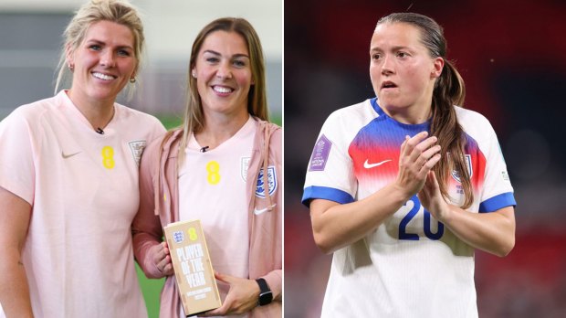 Beth Mead holding the Player of the Year award with Leah Williamson. A separate image shows Beth Earps on the pitch.