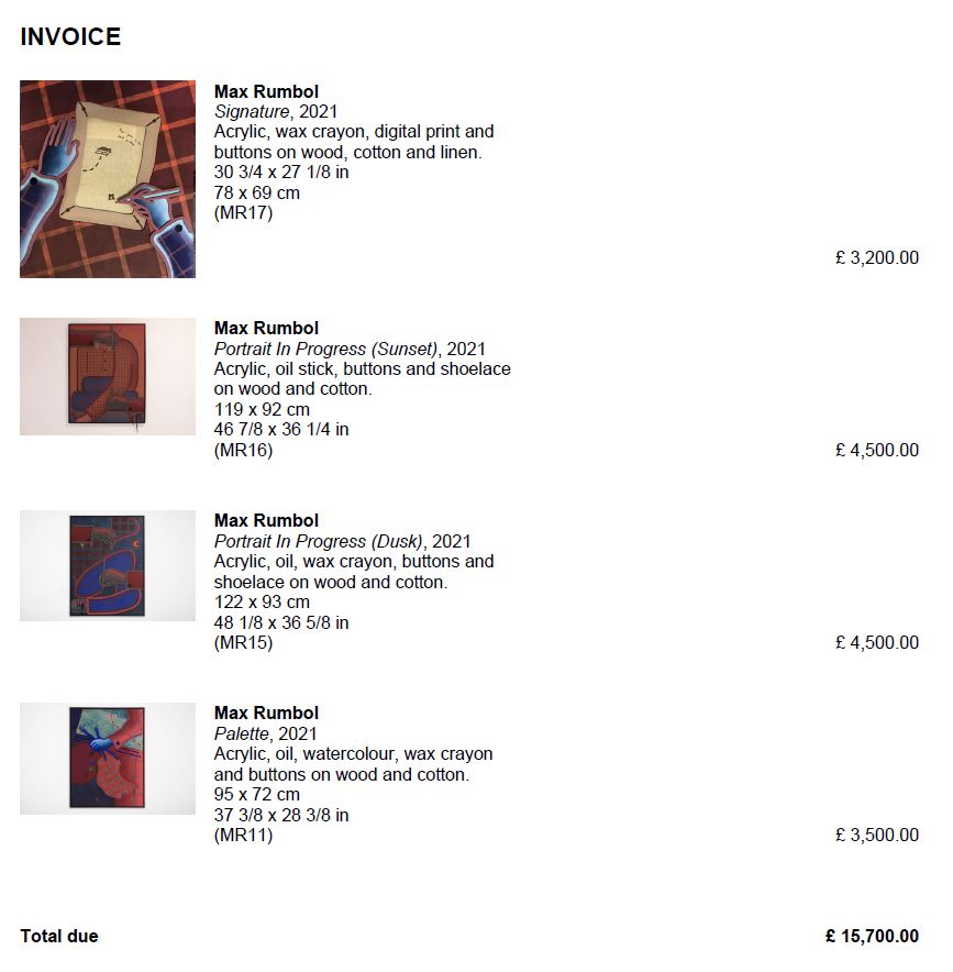 Invoice for four artworks by Max Rumbol with prices and dimensions.