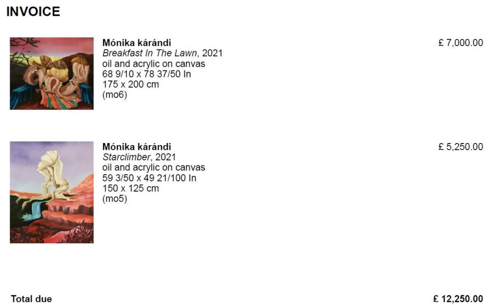 Invoice for two paintings by Mónika kárándi.