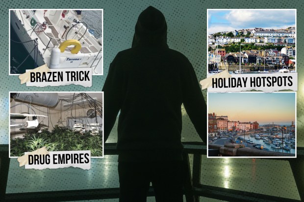 Collage of a person, a boat, cannabis plants, and holiday hotspots.