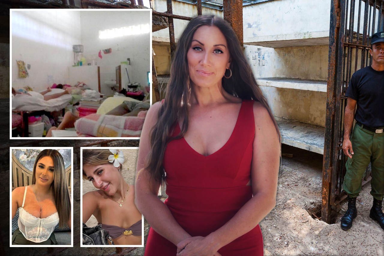 Collage of a woman in a red dress, images of a prison cell and two young women.