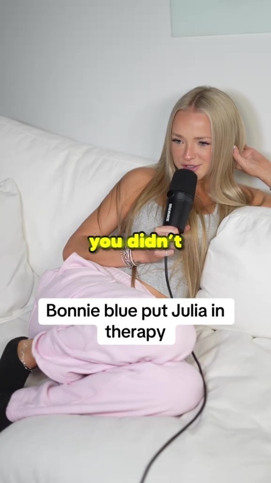 Woman speaking into microphone, text overlay says "Bonnie blue put Julia in therapy"