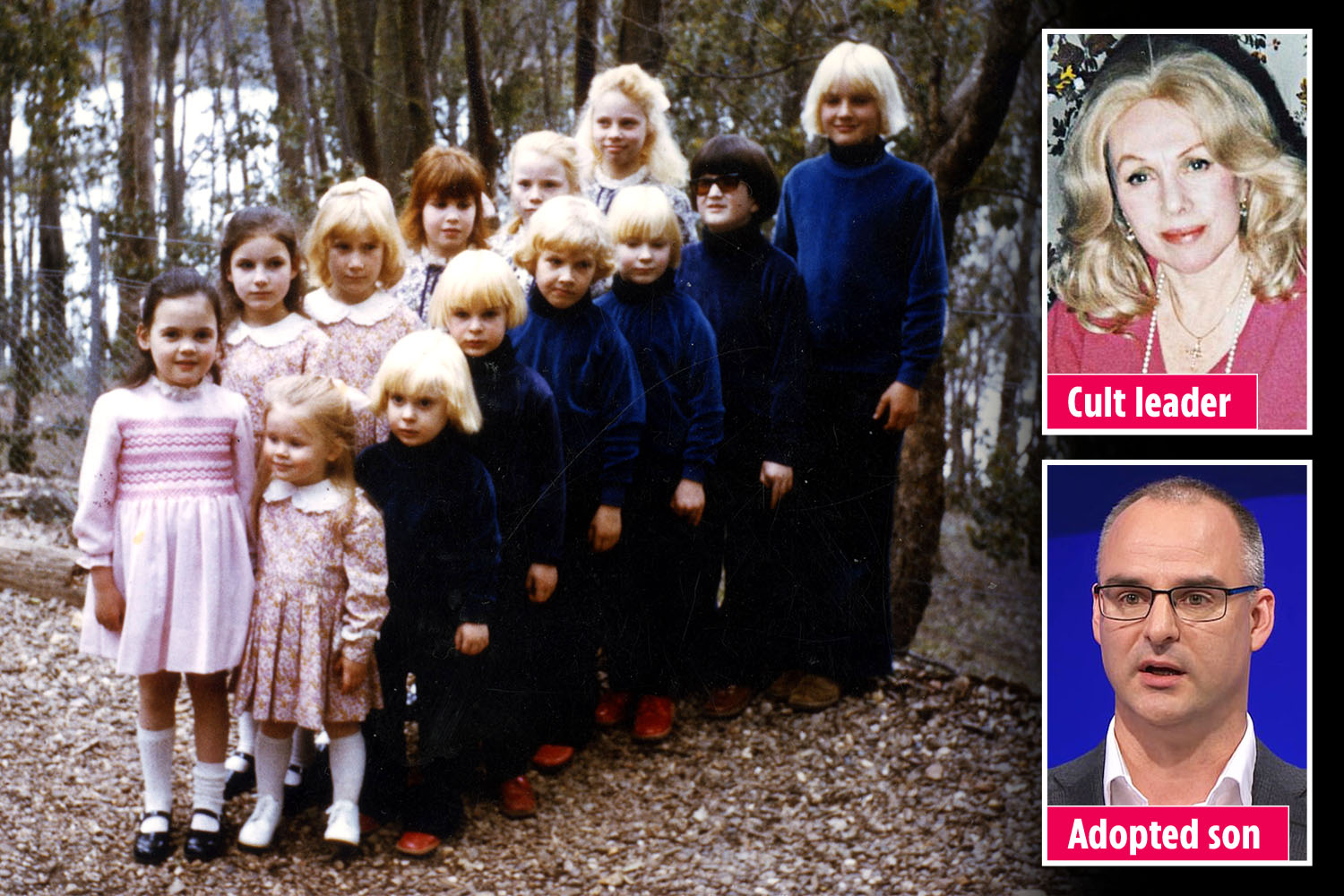Photo of a group of children, their cult leader, and an adopted son.