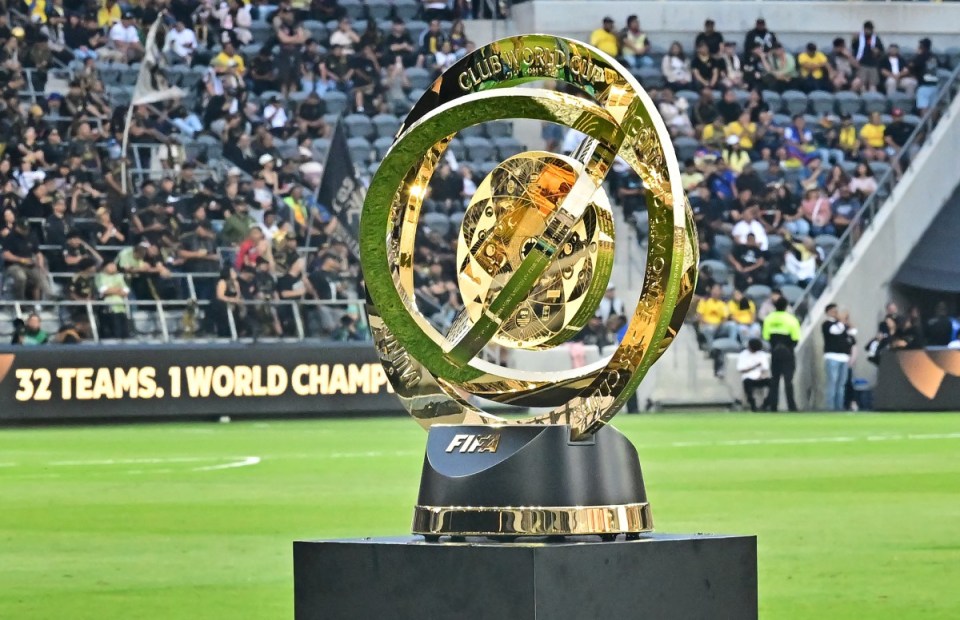 The FIFA Club World Cup trophy is seen on display prior to kickoff for the play-in match between LAFC and Club America for the final spot in the 2025 FIFA Club World Cup, at BMO Stadium in Los Angeles, California, on May 31, 2025. (Photo by Frederic J. BROWN / AFP) (Photo by FREDERIC J. BROWN/AFP via Getty Images)