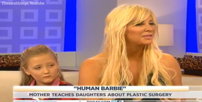 Screenshot of "Human Barbie" and her daughter discussing plastic surgery on a talk show.