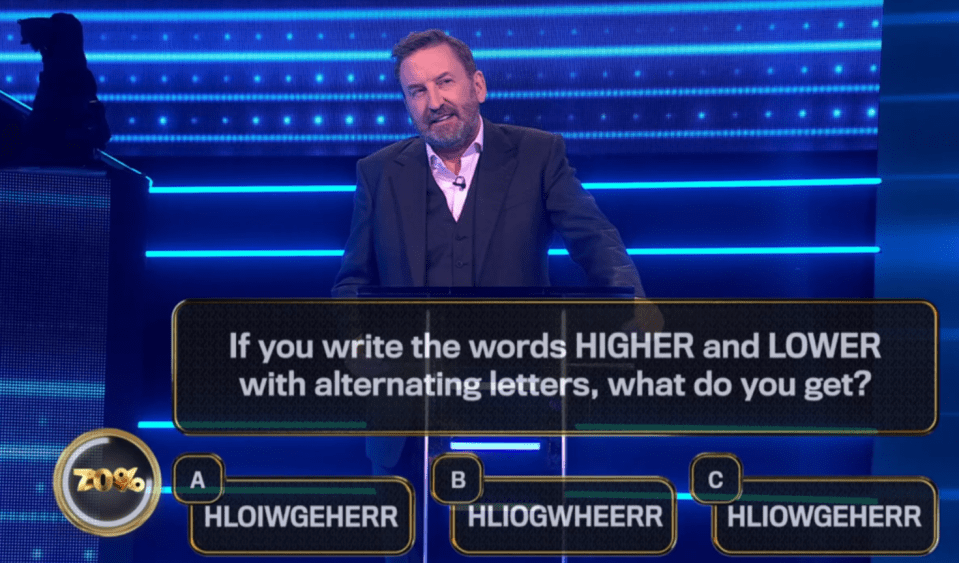 Screenshot of a game show question: "If you write the words HIGHER and LOWER with alternating letters, what do you get?" with three multiple choice answers.