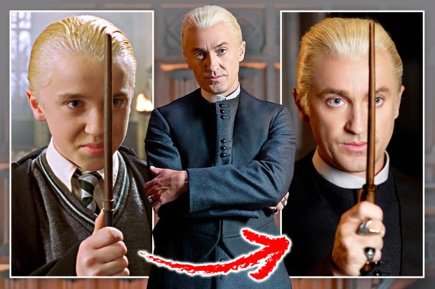 Collage of Draco Malfoy at different ages, holding a wand.