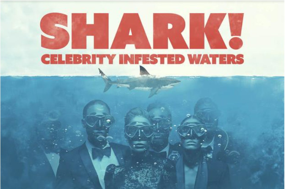 Promotional image for Shark! Celebrity Infested Waters, showing celebrities underwater wearing diving masks with a shark above them.