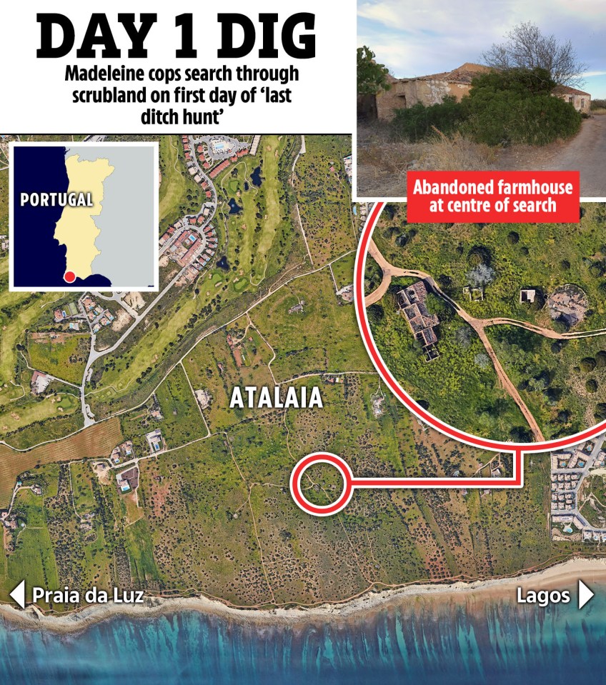 Map showing the search area for Madeleine McCann, highlighting an abandoned farmhouse.