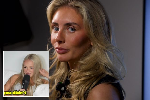 An image collage containing 2 images, Image 1 shows Bonnie Blue, OnlyFans star, in a portrait, Image 2 shows Woman speaking into microphone, text overlay says "Bonnie blue put Julia in therapy"