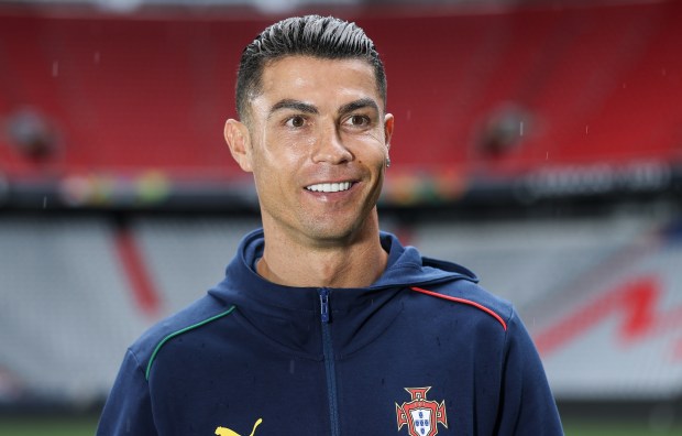 Cristiano Ronaldo of Portugal speaks to the media.