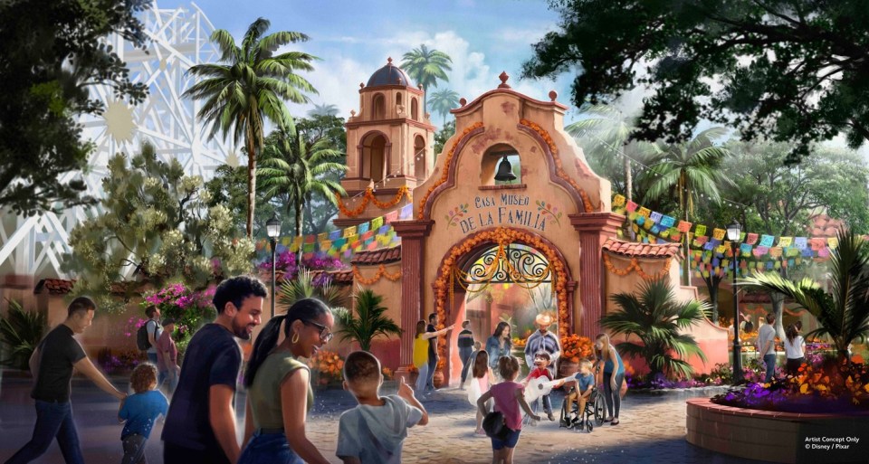 Illustration of the entrance to a new Disneyland attraction themed to Pixar's "Coco," located near Paradise Gardens Park and Pixar Pier.