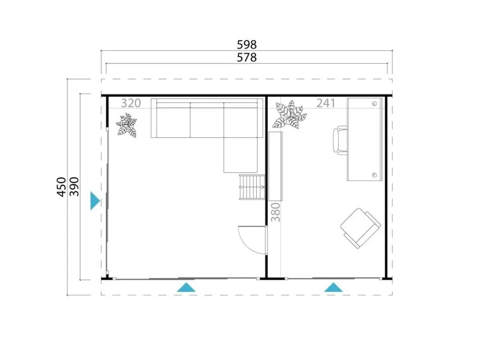 Floor plan of a log cabin with dimensions.