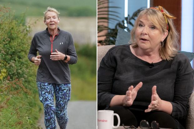 An image collage containing 2 images, Image 1 shows Fern Britton jogging, Image 2 shows Fern Britton on the Lorraine TV show