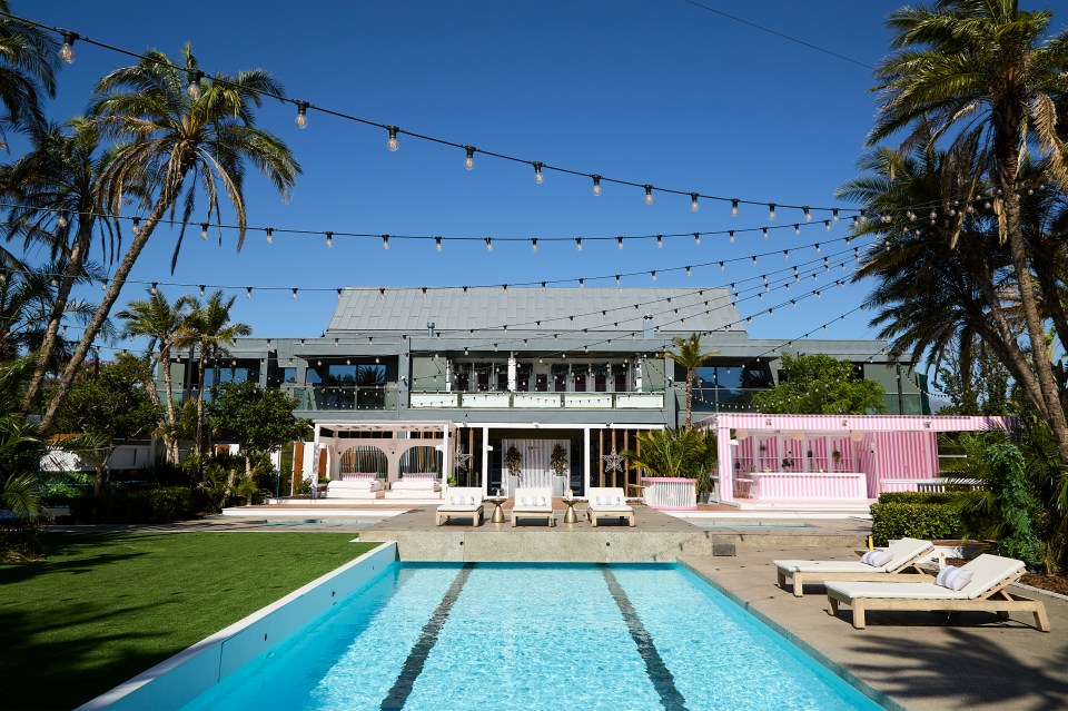 Love Island All Stars villa with pool and lounge areas.