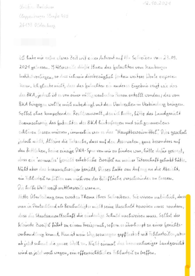 christian brueckner letter in which is brags about police never being apple to pin the case on him