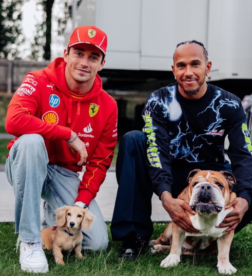 Lewis Hamilton and another man kneeling with their dogs.
