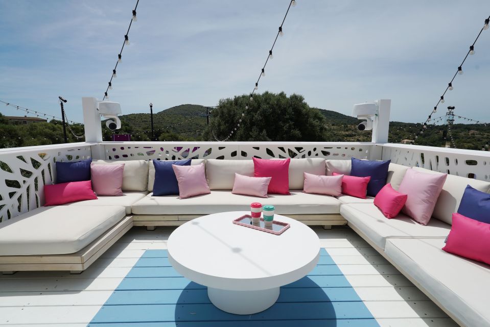 The Love Island villa's outdoor seating area.