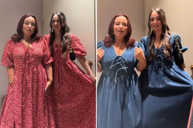 An image collage containing 2 images, Image 1 shows Two women in matching floral dresses, Image 2 shows Two women in denim dresses
