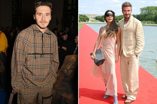 An image collage containing 2 images, Image 1 shows Brooklyn Beckham at the Burberry fashion show, Image 2 shows Victoria and David Beckham at the Jacquemus fashion show