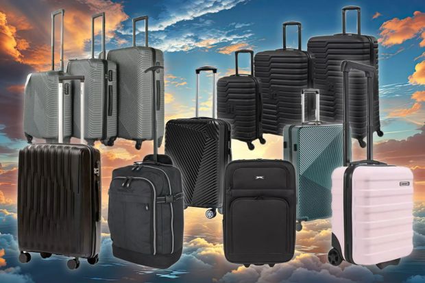 An image collage containing 1 images, Image 1 shows Collage of various suitcases and travel bags against a sunset sky