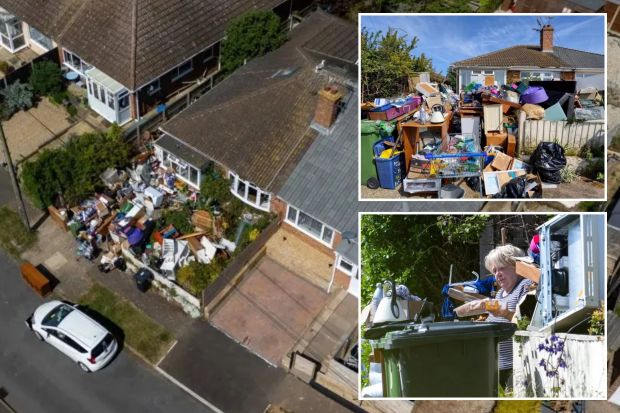 An image collage containing 3 images, Image 1 shows Aerial view of a house with a yard full of discarded items, Image 2 shows Pile of discarded furniture and household items in front of a house, Image 3 shows Woman holding food near overflowing bins and discarded items