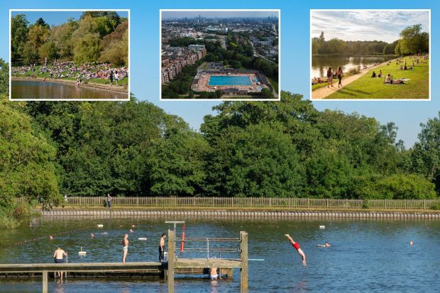 An image collage containing 4 images, Image 1 shows Men swimming and diving in Hampstead Heath men's pond, London, Image 2 shows Crowds of people sunbathing by a lake in Hampstead Heath, London, Image 3 shows Photographs by Marc Aspland. As maximum daytime temperature reach 30 degrees Celsius bathers take advantage of Parliament Hill Lido. Parliament Hill Lido, located in Hampstead Heath, north London. The lido, also known as Hampstead Heath Lido, is a public unheated open air swimming pool, open for 12 months a year. It first opened in 1938 Photographs by Marc Aspland for The Times & The Sunday Times, Image 4 shows Young people relaxing at Hampstead Heath