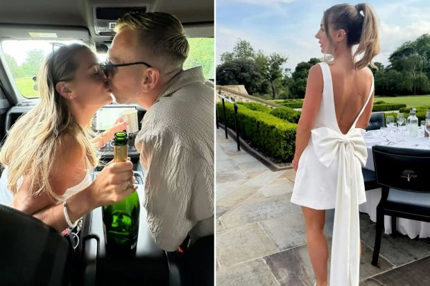 An image collage containing 2 images, Image 1 shows Couple kissing in a car with a bottle of champagne, Image 2 shows Woman in white backless bow dress the night before her wedding