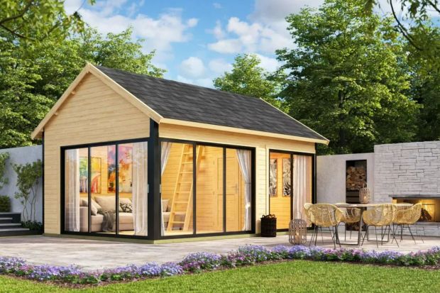 An image collage containing 1 images, Image 1 shows Log cabin with loft and patio furniture