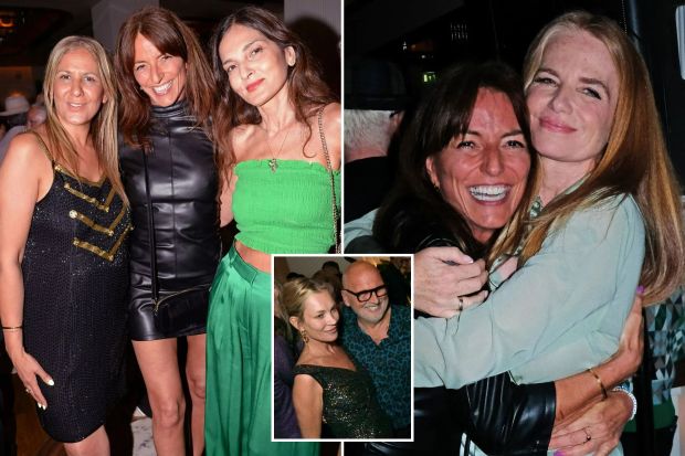 An image collage containing 2 images, Image 1 shows An image collage containing 2 images, Image 1 shows Azzi Glasser, Davina McCall, and Yasmin Mills at a birthday celebration, Image 2 shows Davina McCall and Patsy Palmer hugging at a party, Image 2 shows Kate Moss and Sam McKnight at a party