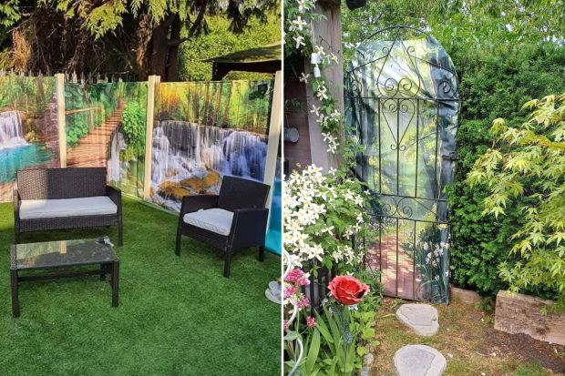 An image collage containing 2 images, Image 1 shows Garden furniture set on artificial grass in front of a fence with waterfall scene panels, Image 2 shows Garden gate with painted woodland scene