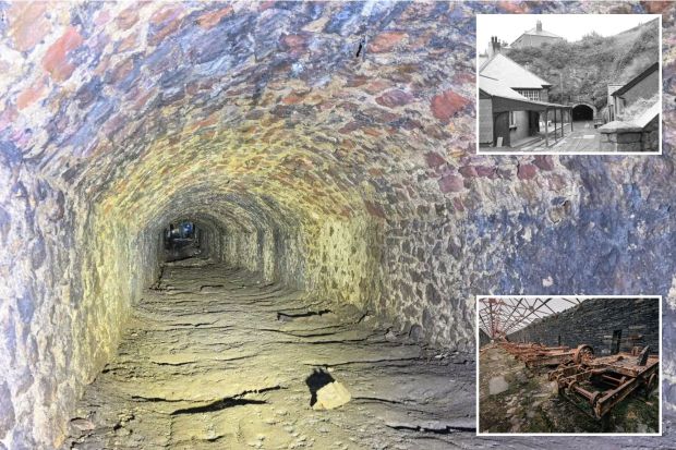 An image collage containing 3 images, Image 1 shows Interior of the Port Dinorwic Tunnel, a disused railway tunnel in the UK, Image 2 shows Black and white photo of Dinorwig slate quarry tunnel entrance, Image 3 shows Rusty machinery in a slate quarry